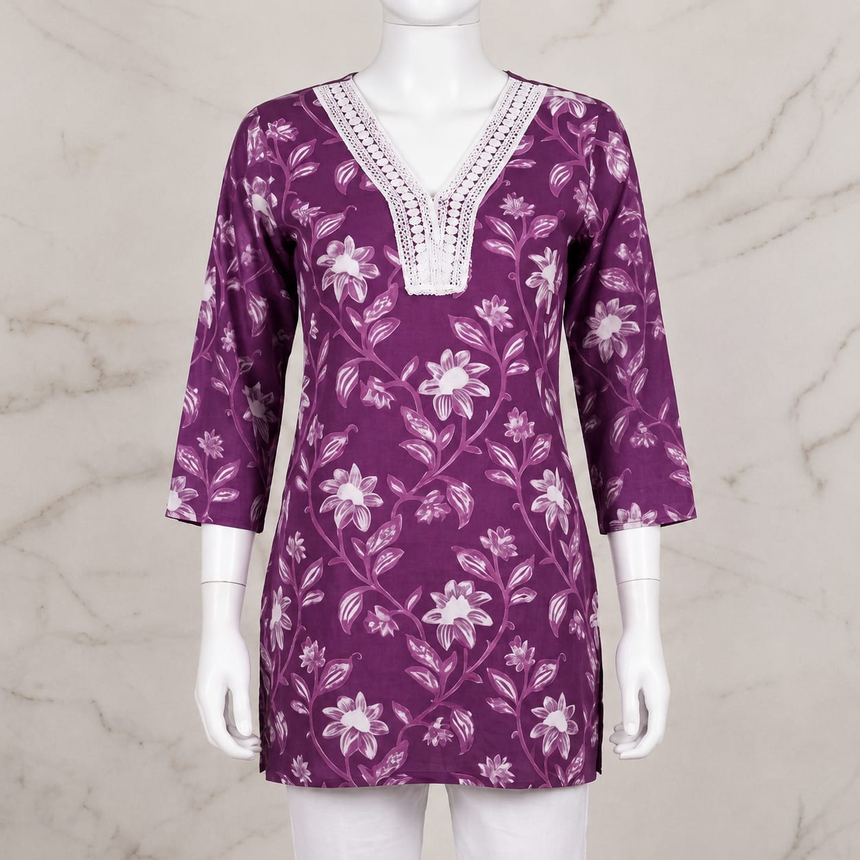 Women's Dusty Purple Floral Printed Cotton Kurti with Lace V-Neck | 3/4 Sleeves view 2