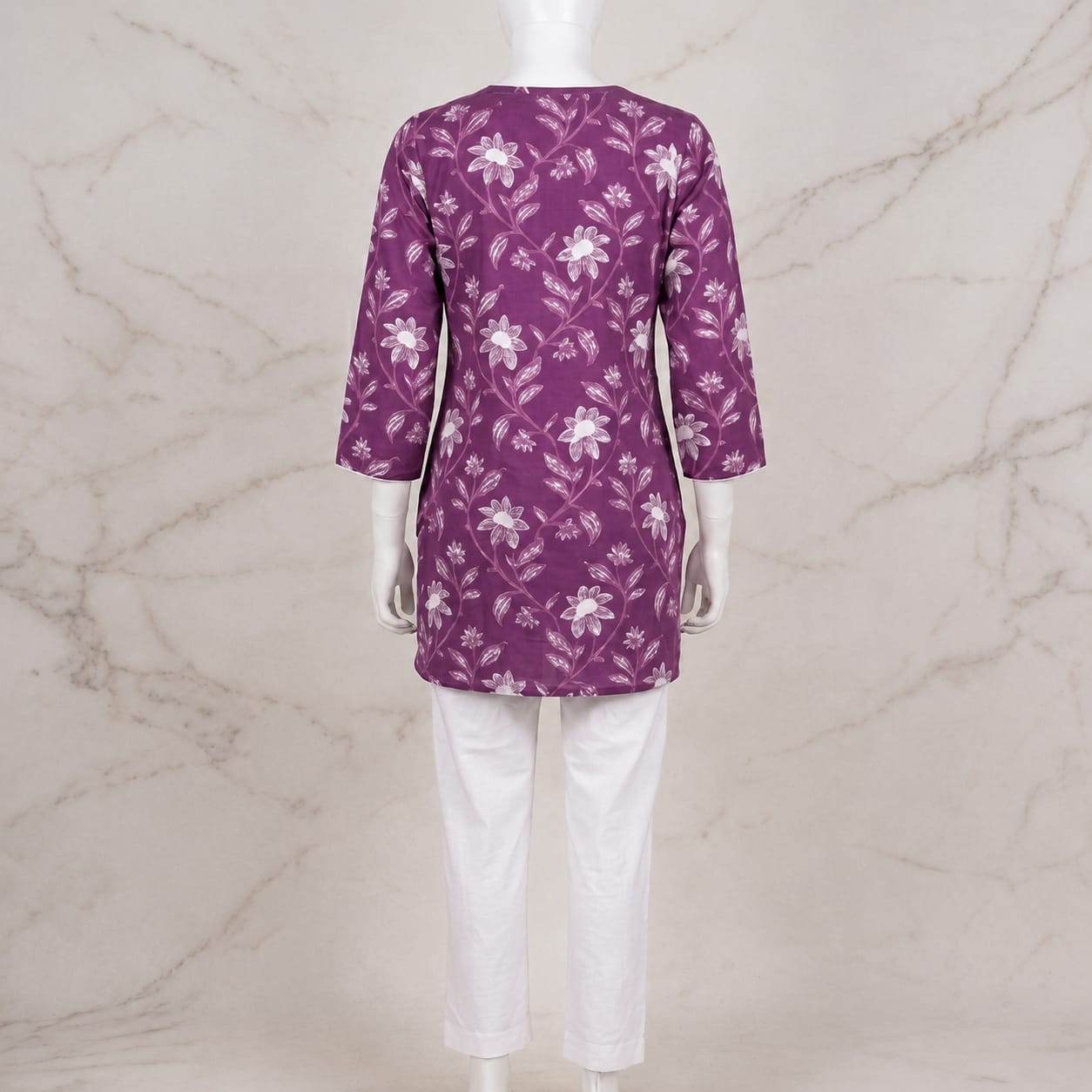 Women's Dusty Purple Floral Printed Cotton Kurti with Lace V-Neck | 3/4 Sleeves view 3