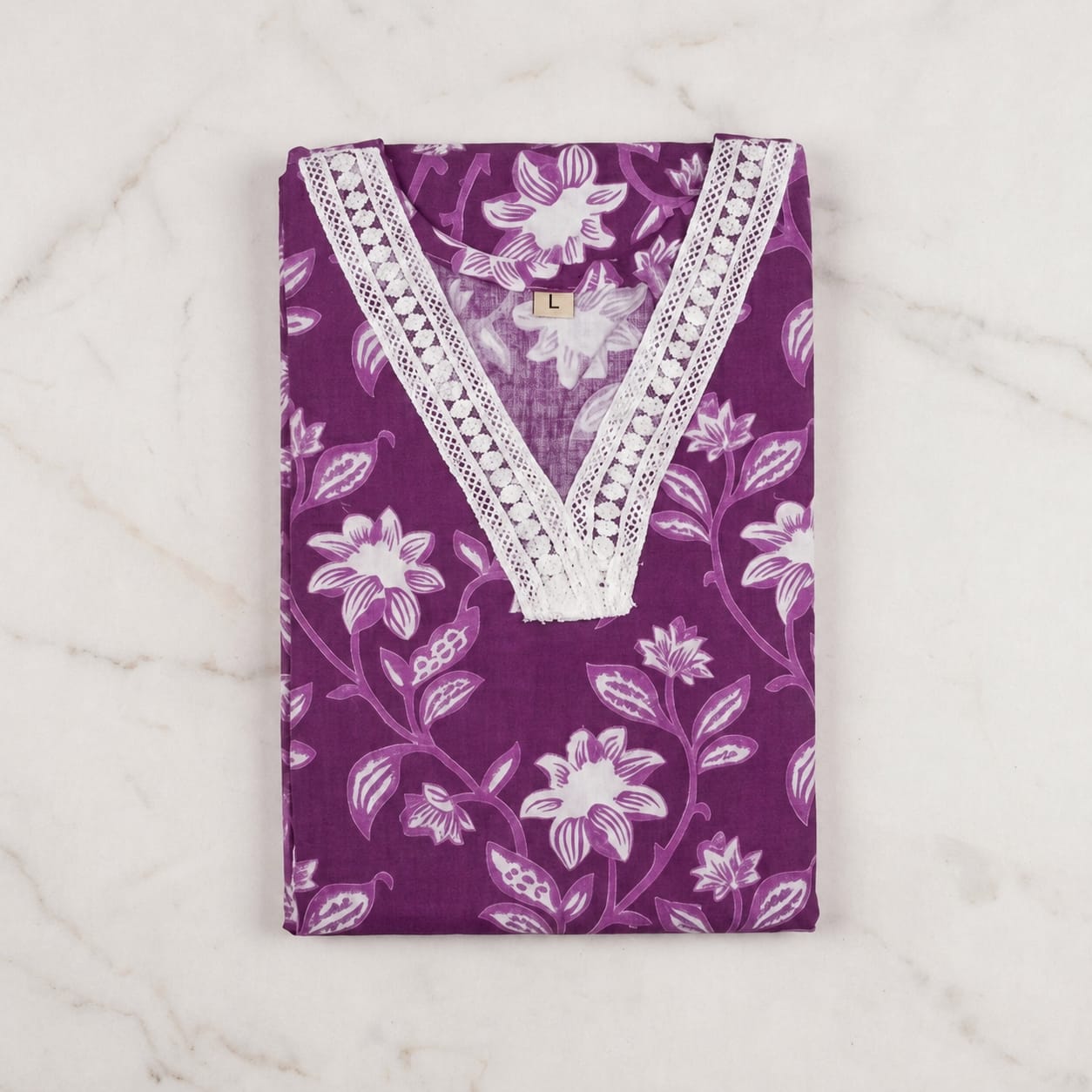 Women's Dusty Purple Floral Printed Cotton Kurti with Lace V-Neck | 3/4 Sleeves view 4