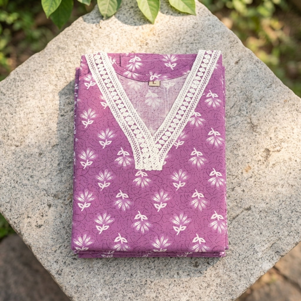 Mauve Blossom V neck Kurti