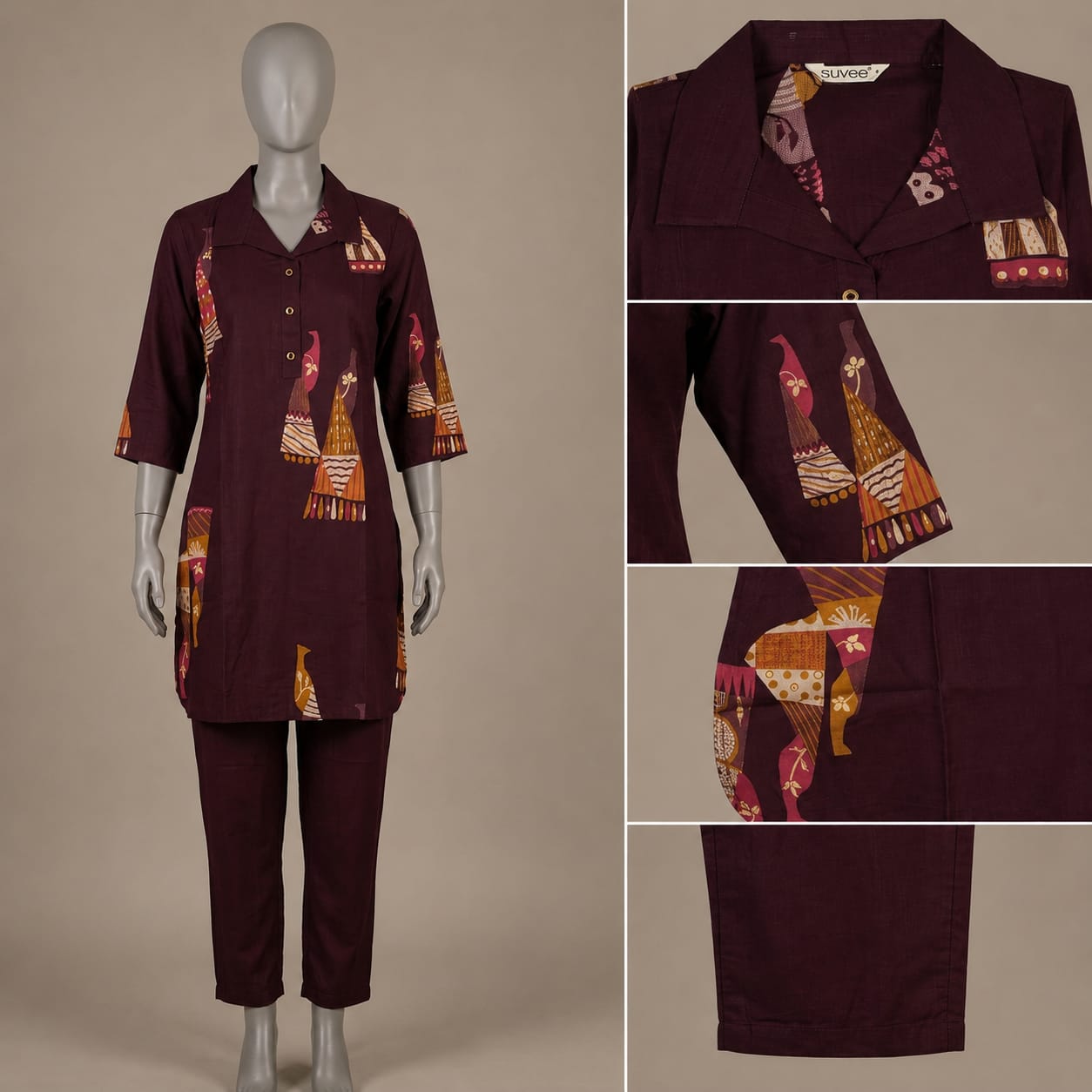 Women's Plum Tribal Co-ord Set | Collared 3/4 Sleeve Kurti with Straight Pants