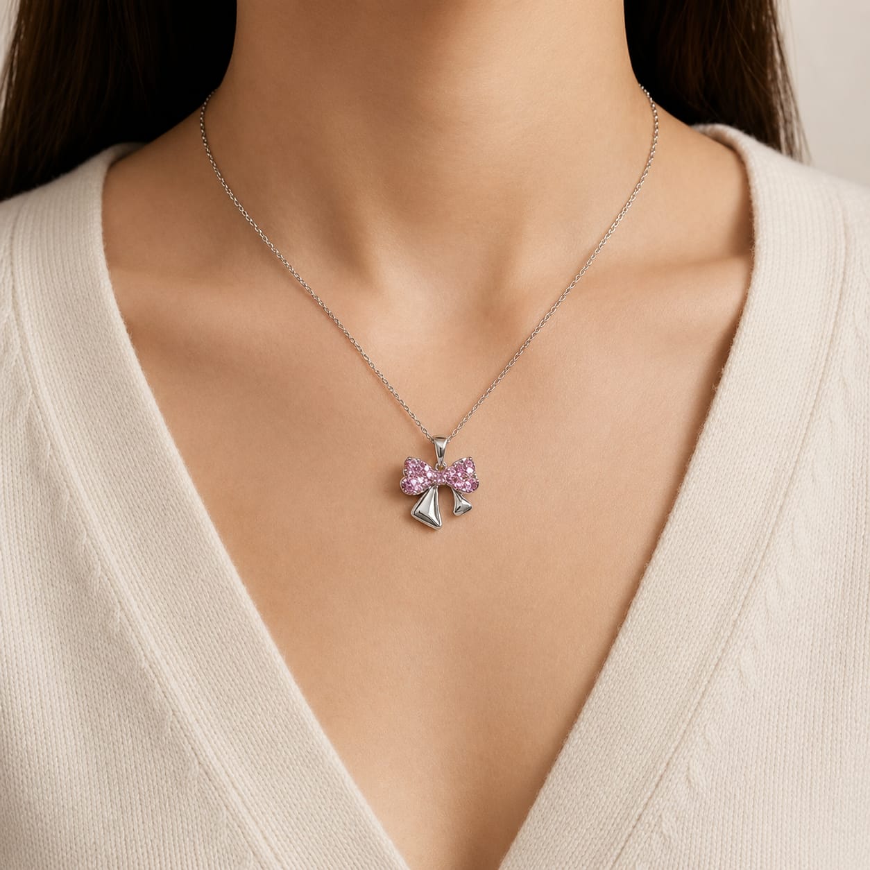 Pink crystal Bow Pendant Necklace view 2
