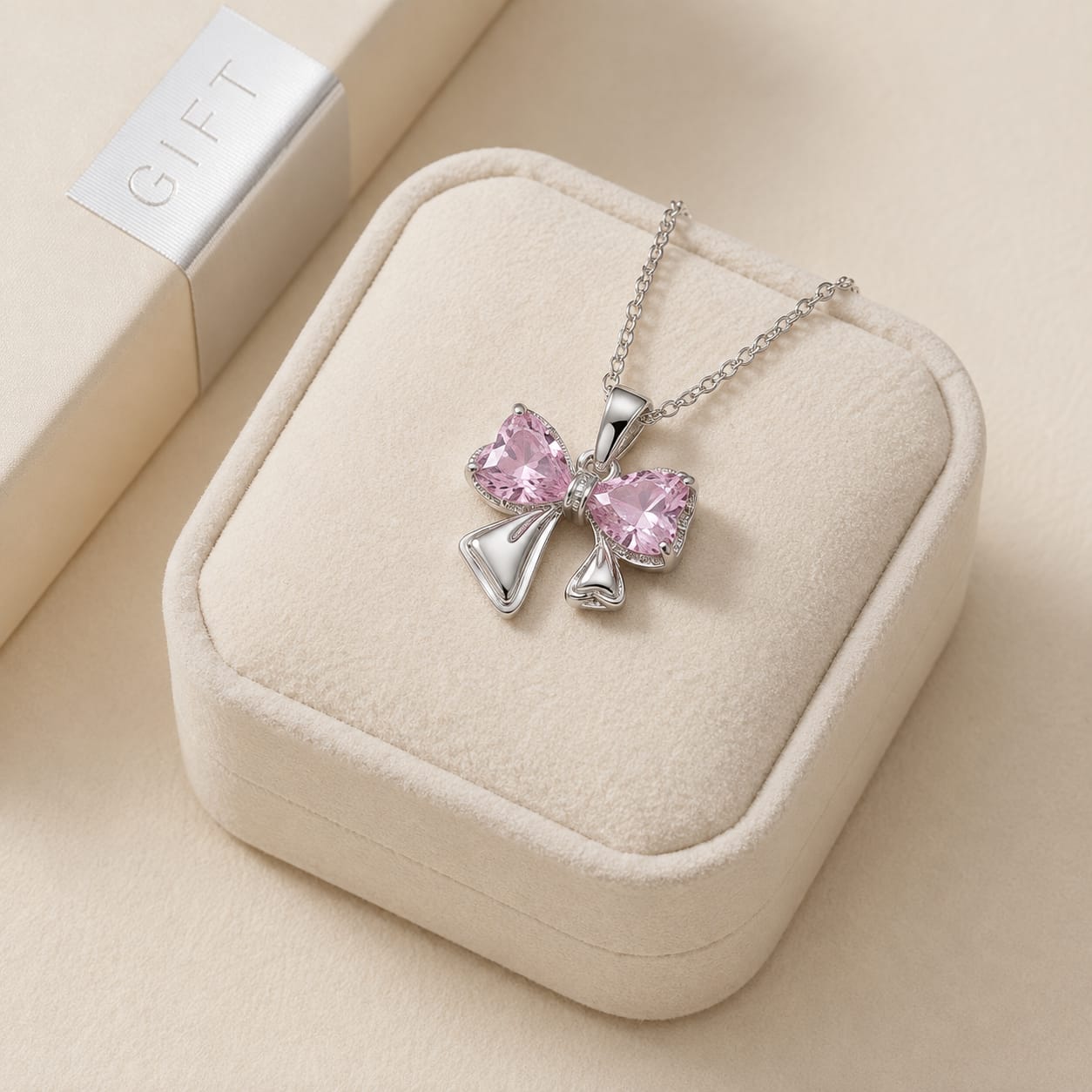 Pink crystal Bow Pendant Necklace view 3