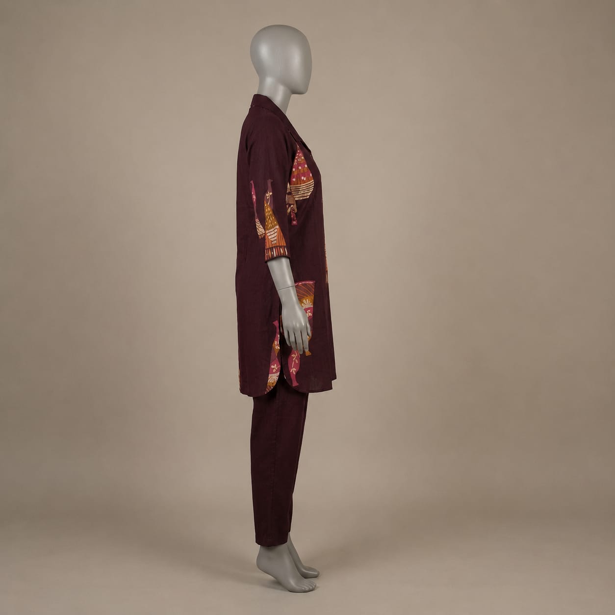 Women's Plum Tribal Co-ord Set | Collared 3/4 Sleeve Kurti with Straight Pants view 2