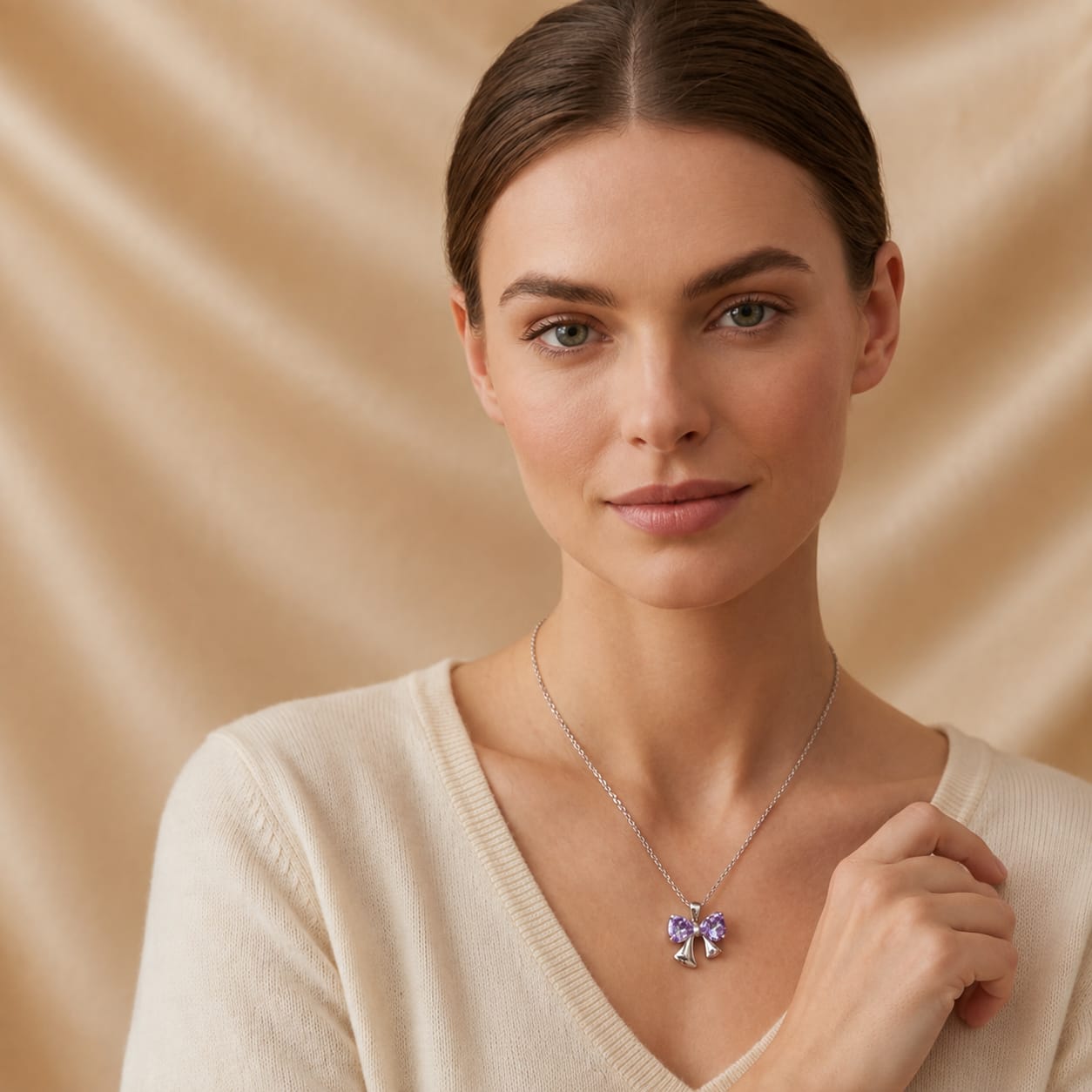Lavender Crystal Bow Pendant Necklace view 2
