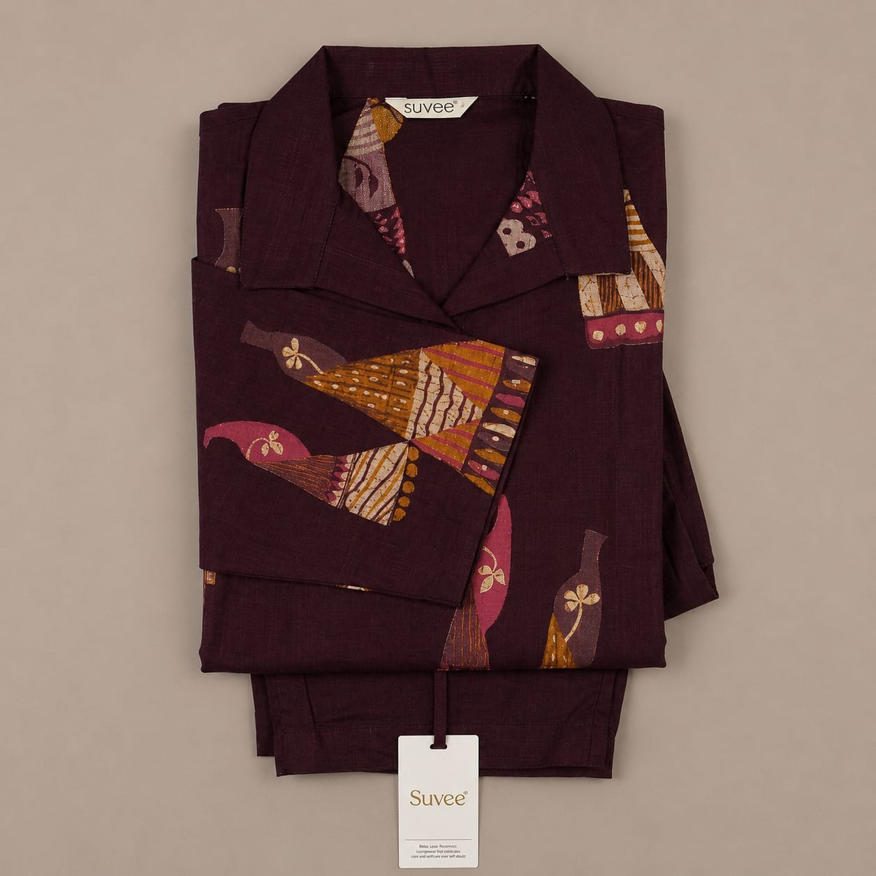 Women's Plum Tribal Co-ord Set | Collared 3/4 Sleeve Kurti with Straight Pants view 3