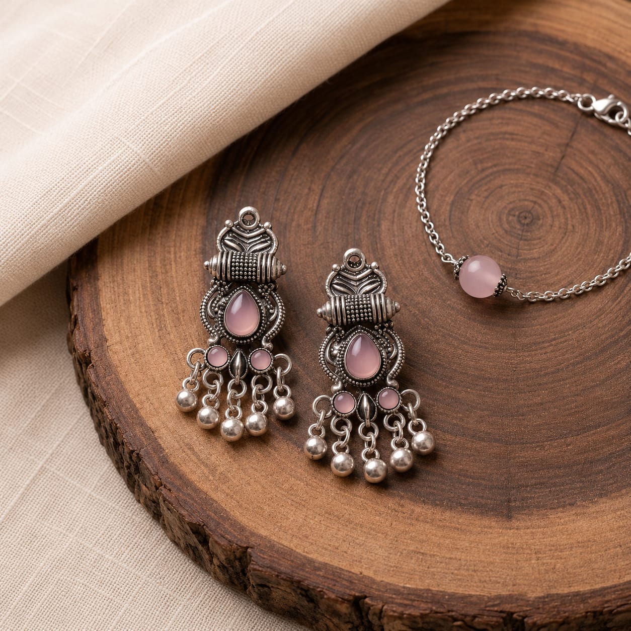 Vintage Pink Stone Oxidized Silver Dangle Earrings