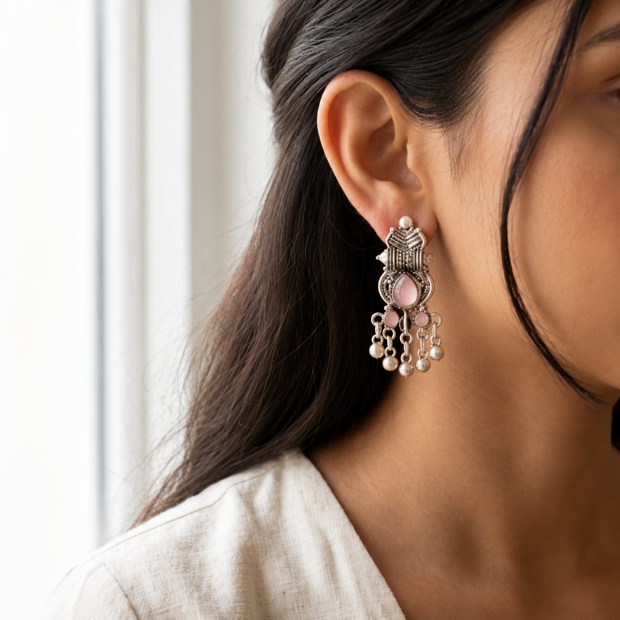 Vintage Pink Stone Oxidized Silver Dangle Earrings view 2