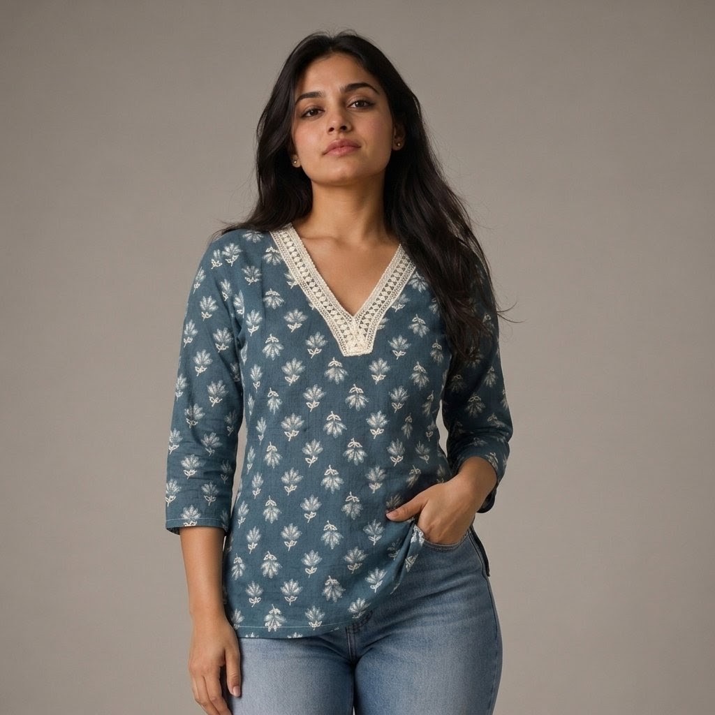 Cladly Dusty Teal Blue Floral Print Lace V-Neck Short Kurti