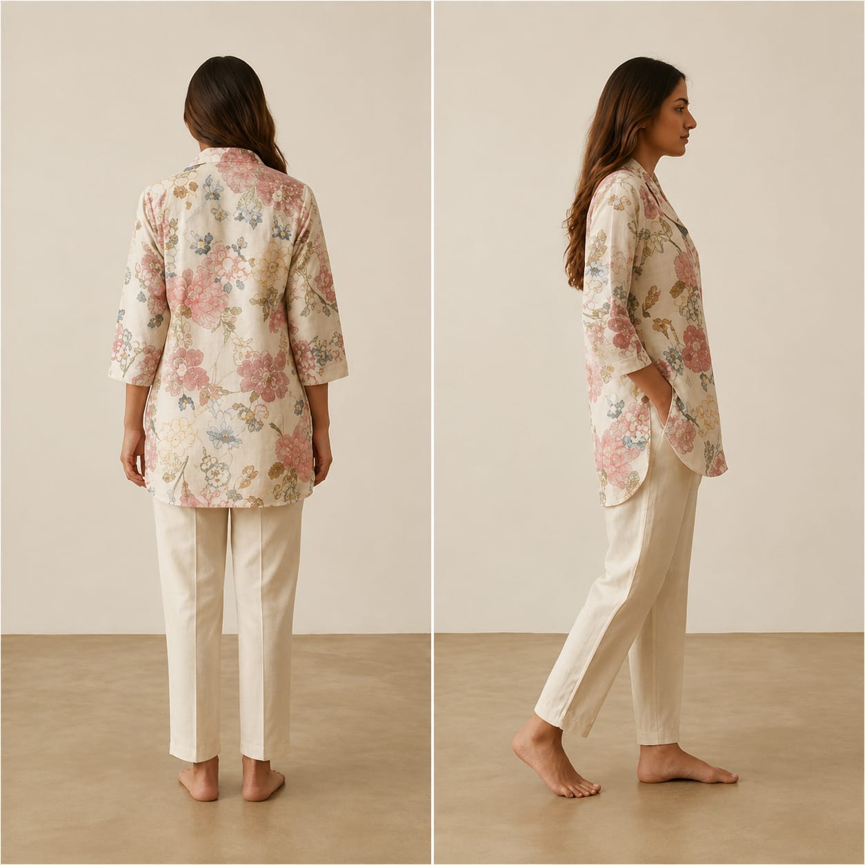 Women's Ivory Floral Printed Cotton Blend Co-ord Set | Collared 3/4 Sleeve Kurti with Straight Pants