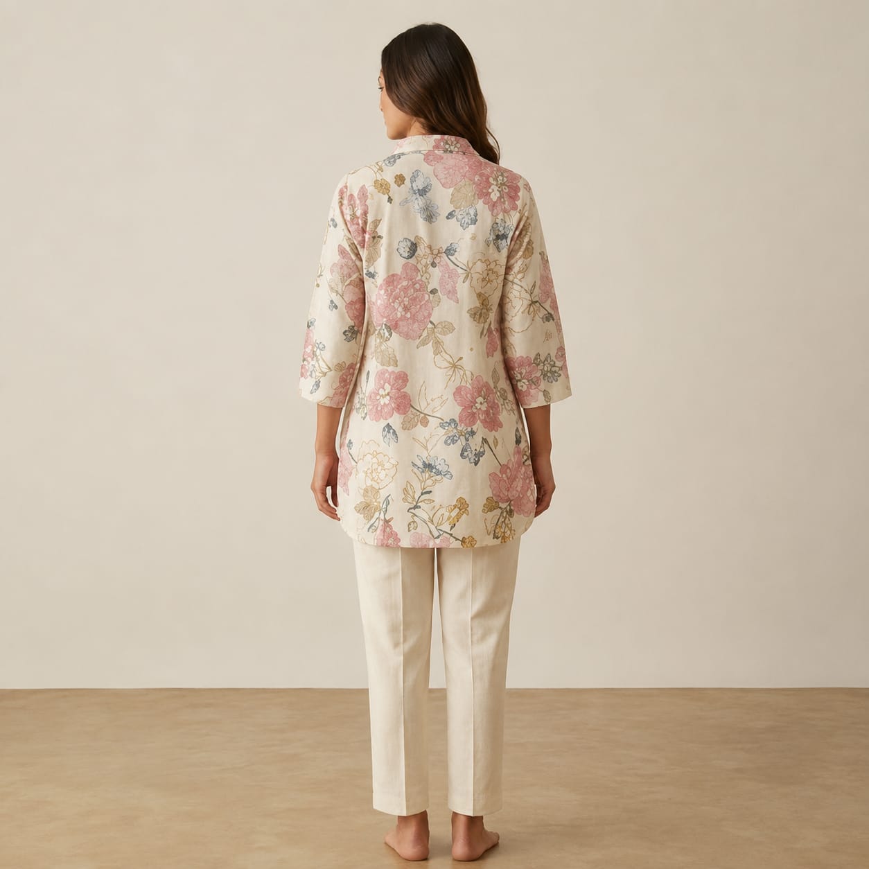 Women's Ivory Floral Printed Cotton Blend Co-ord Set | Collared 3/4 Sleeve Kurti with Straight Pants view 2
