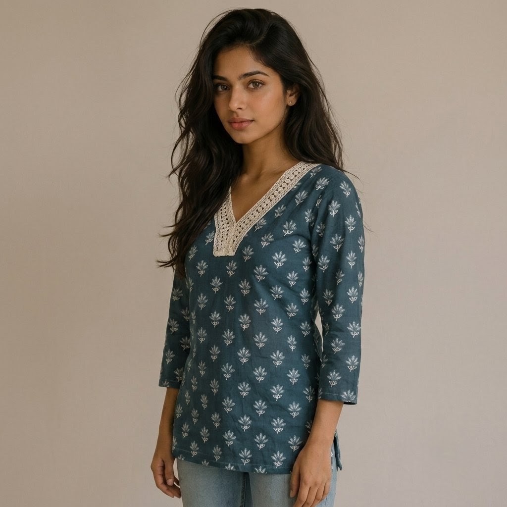 Cladly Dusty Teal Blue Floral Print Lace V-Neck Short Kurti view 2