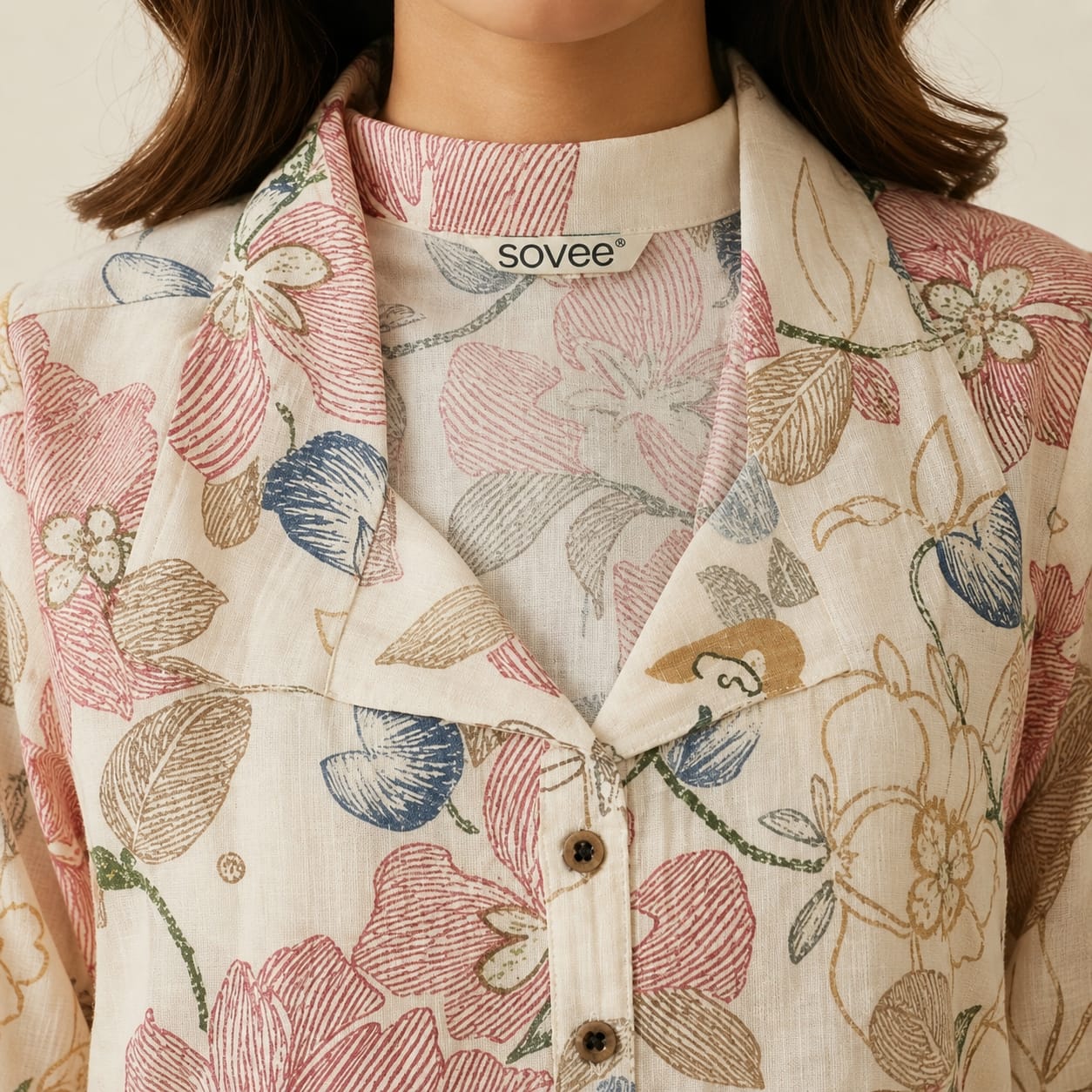 Women's Ivory Floral Printed Cotton Blend Co-ord Set | Collared 3/4 Sleeve Kurti with Straight Pants view 3