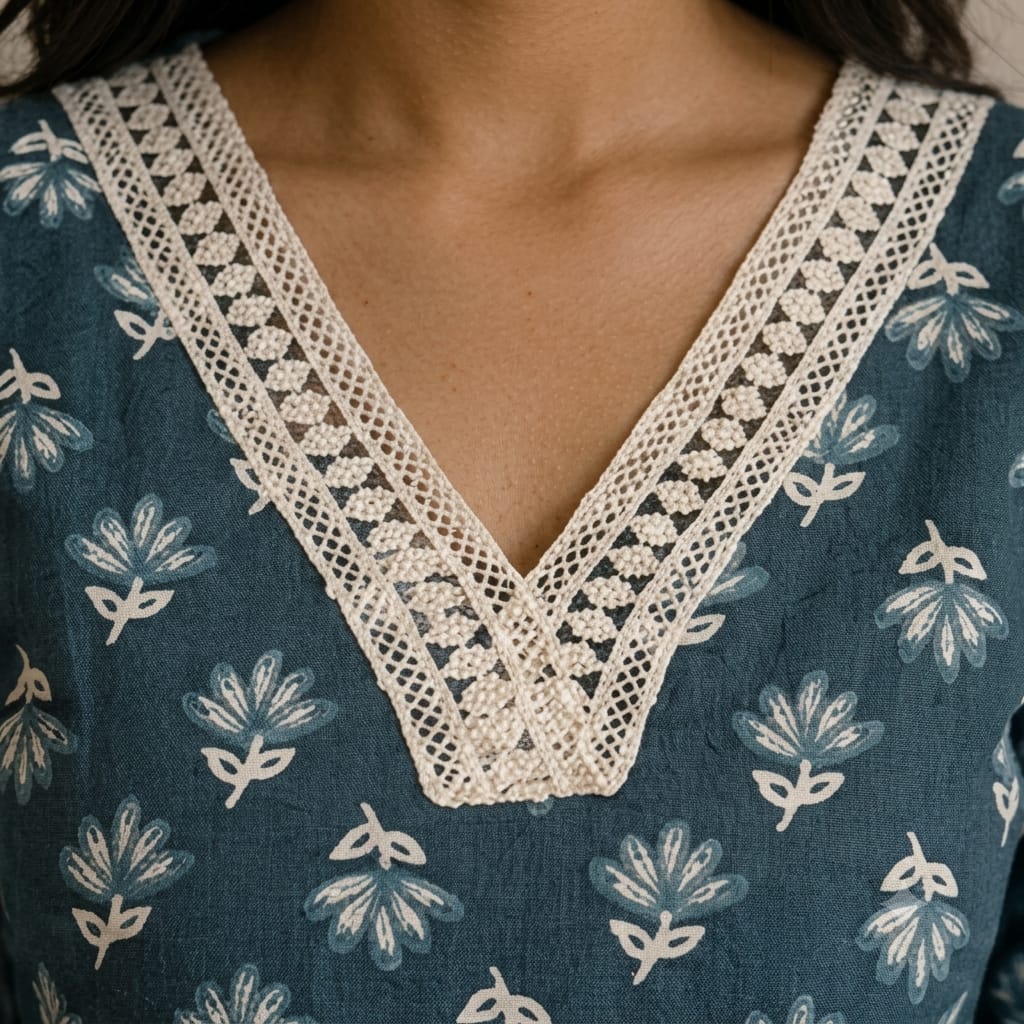 Cladly Dusty Teal Blue Floral Print Lace V-Neck Short Kurti view 3