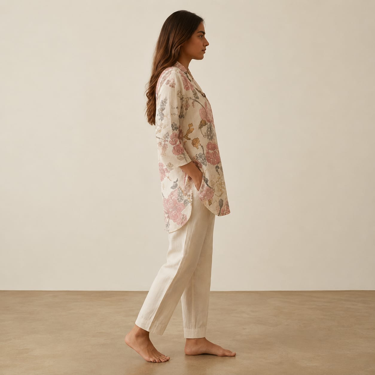 Women's Ivory Floral Printed Cotton Blend Co-ord Set | Collared 3/4 Sleeve Kurti with Straight Pants view 4