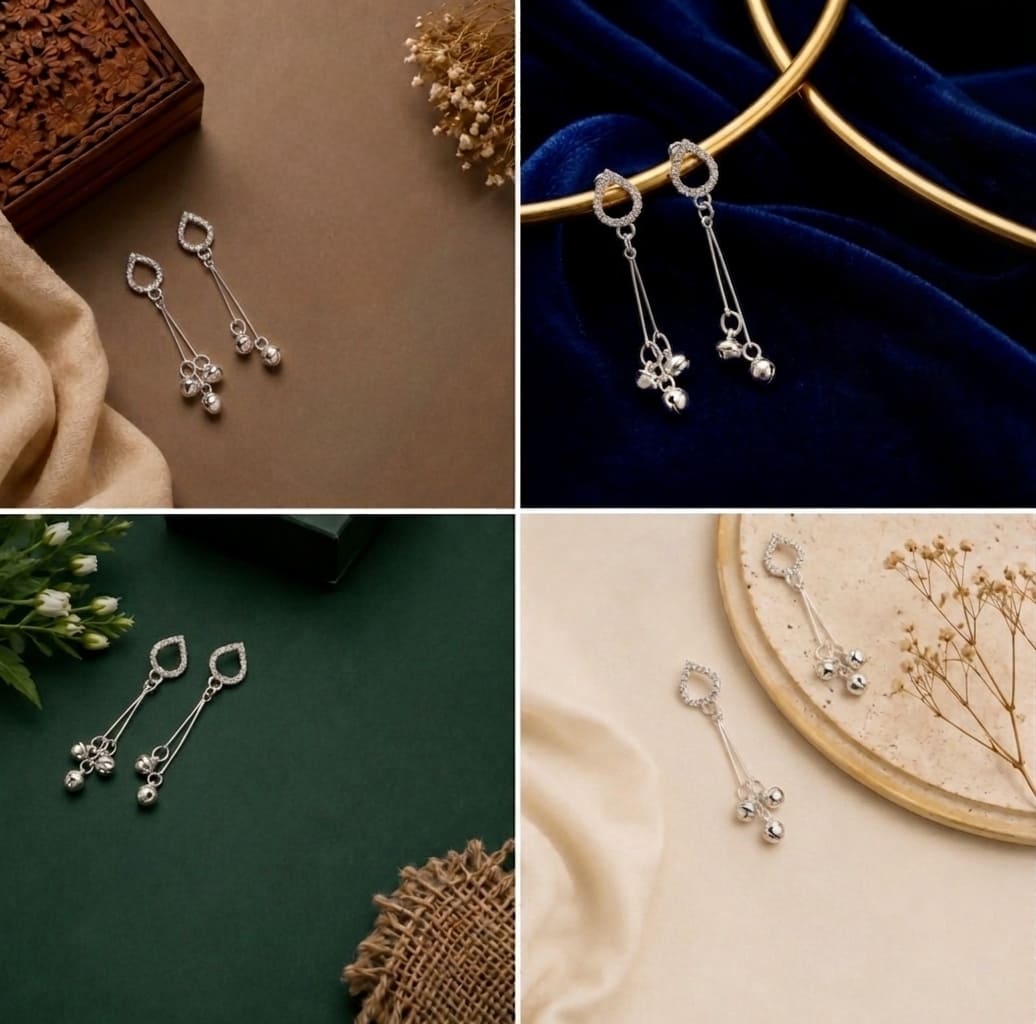Elegant Silver-Toned Double Chain Ghungroo Drop Earrings