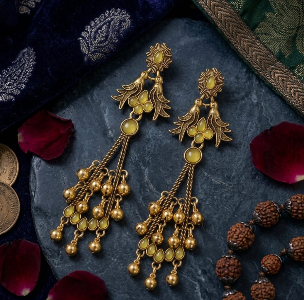 Antique Gold Plated Matt Finish Long Dangle Earrings