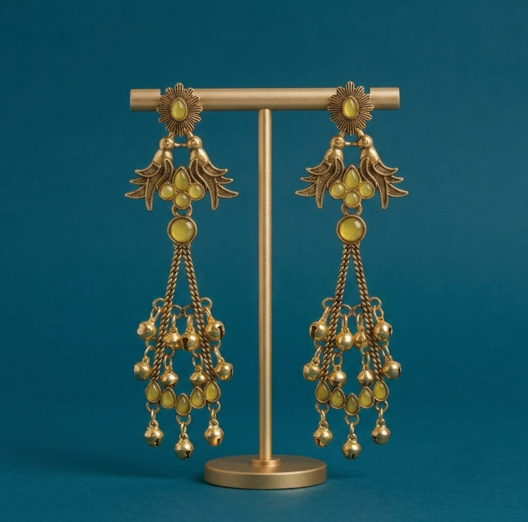 Antique Gold Plated Matt Finish Long Dangle Earrings view 3