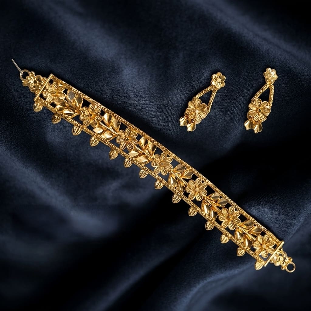 Artificial Gold Plated Matte Finish Floral Choker Necklace Set with Earrings