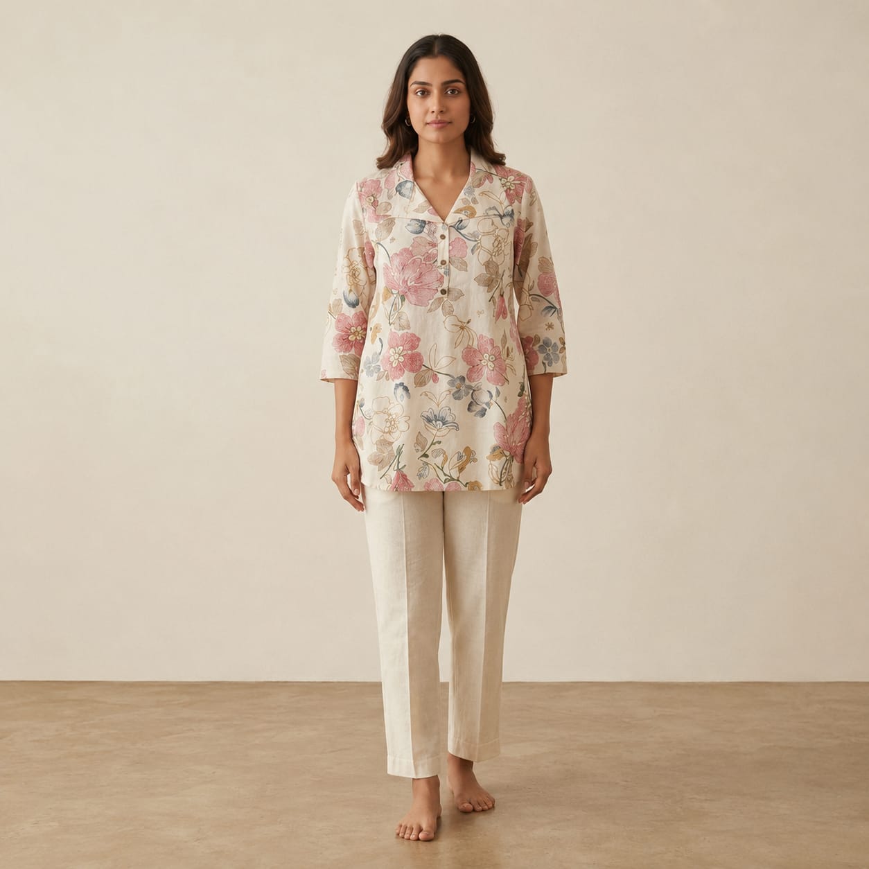 Women's Ivory Floral Printed Cotton Blend Co-ord Set | Collared 3/4 Sleeve Kurti with Straight Pants view 5