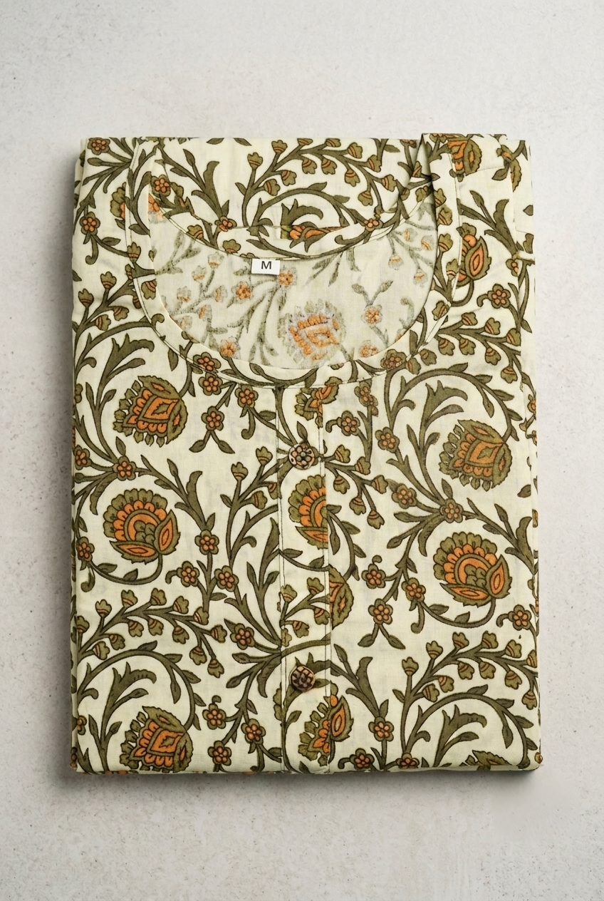 Women's Ivory & Brown Floral Printed Cotton Straight Short Kurti | Round Neck | 3/4 Sleeves view 2