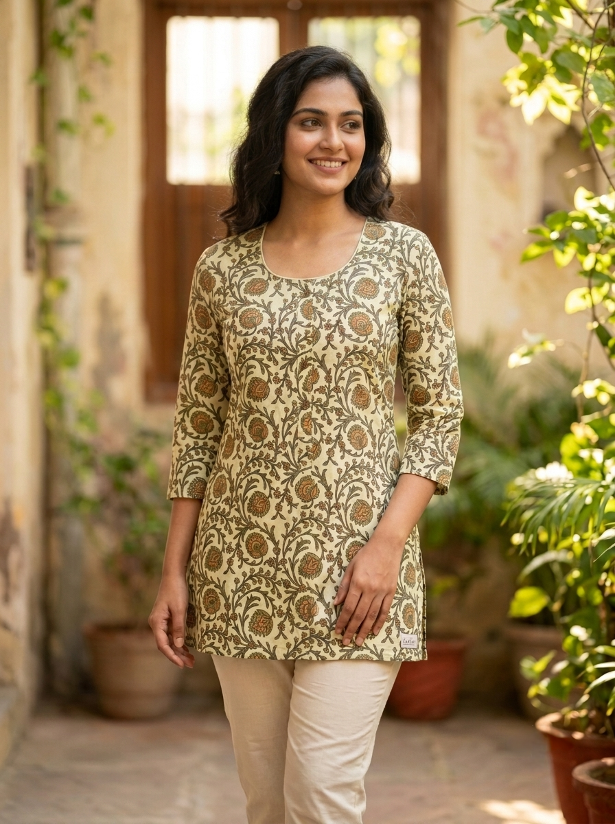Women's Ivory & Brown Floral Printed Cotton Straight Short Kurti | Round Neck | 3/4 Sleeves view 3