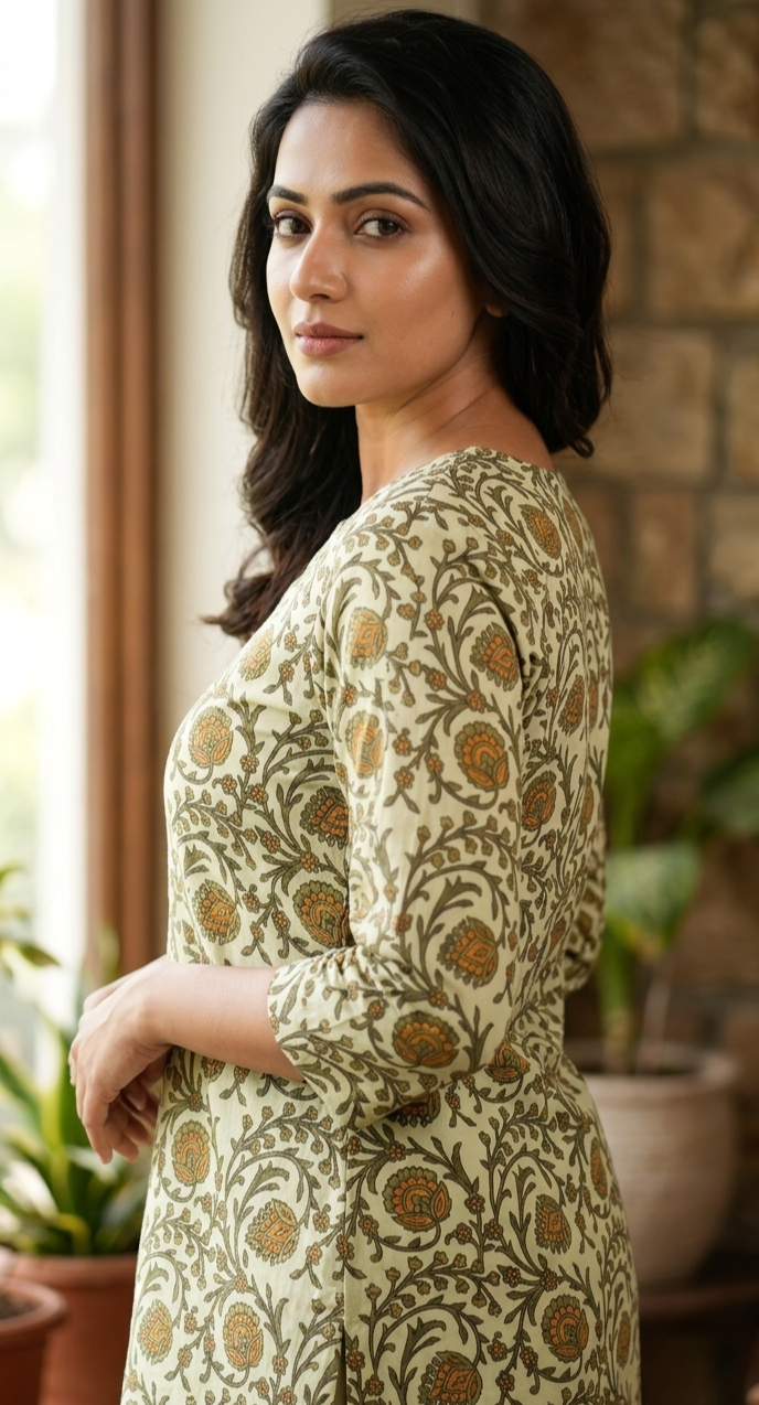 Women's Ivory & Brown Floral Printed Cotton Straight Short Kurti | Round Neck | 3/4 Sleeves