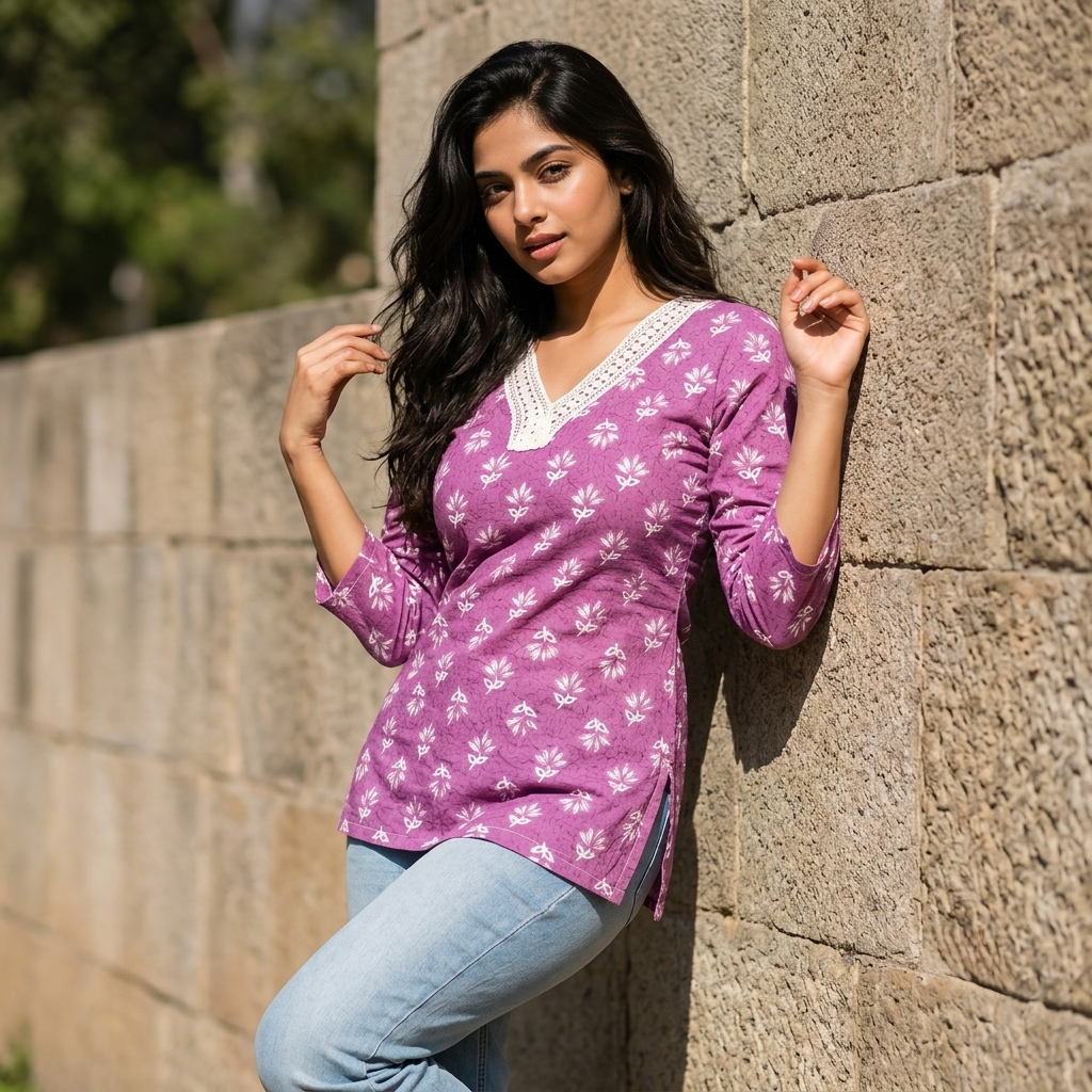 Mauve Blossom V neck Kurti view 2