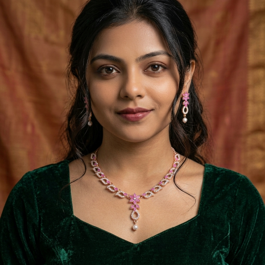 Floral Cubic Zirconia (CZ) Necklace set with pearl drops view 4