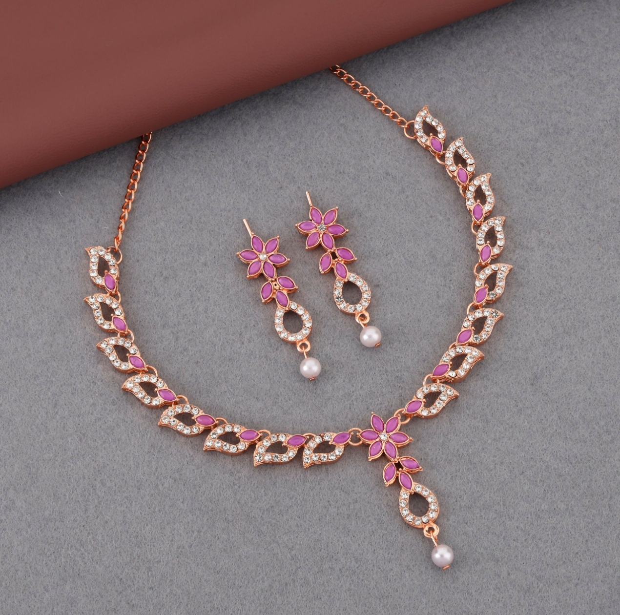 Floral Cubic Zirconia (CZ) Necklace set with pearl drops view 3