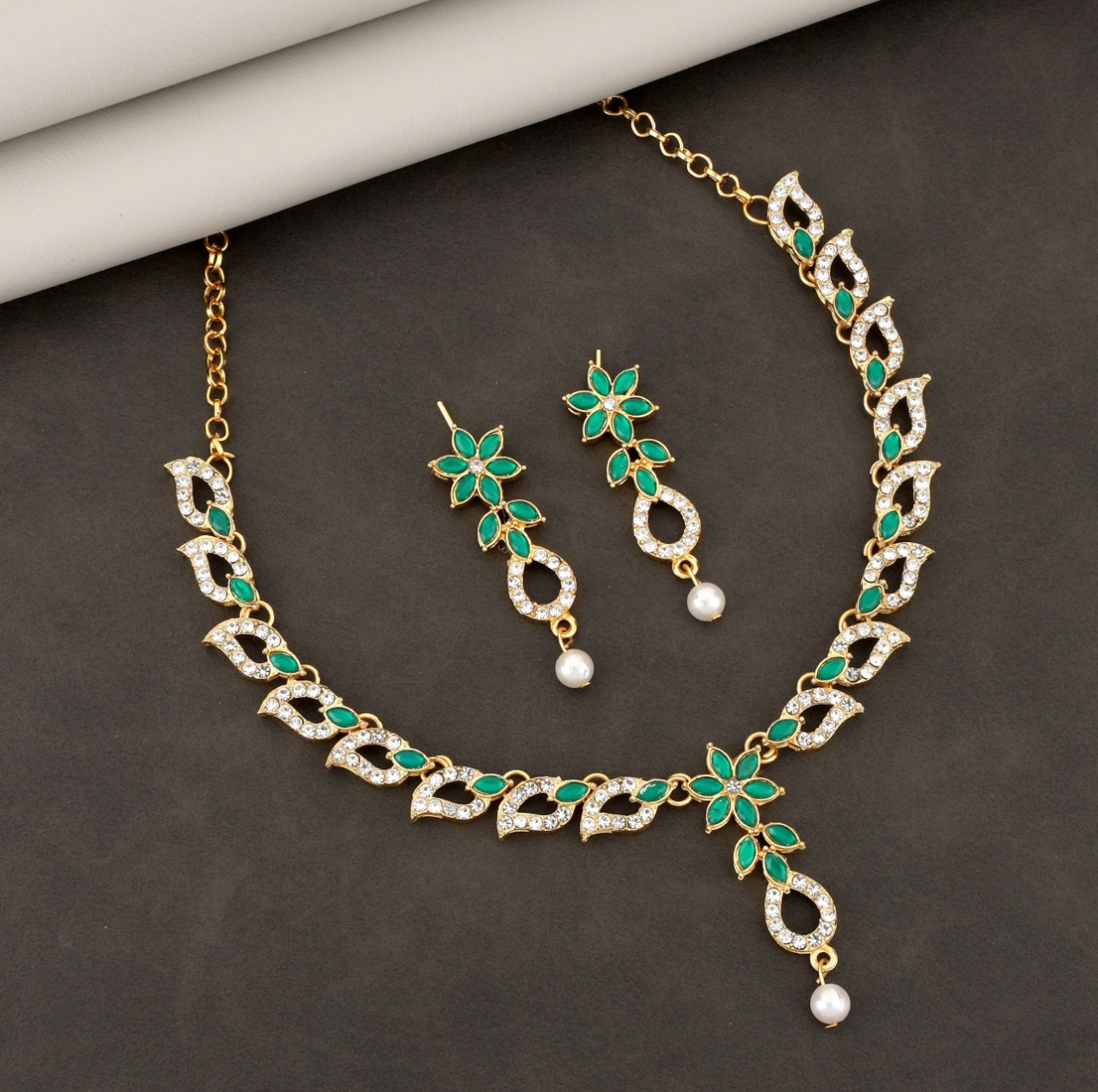 Floral Cubic Zirconia (CZ) Necklace set with pearl drops view 2