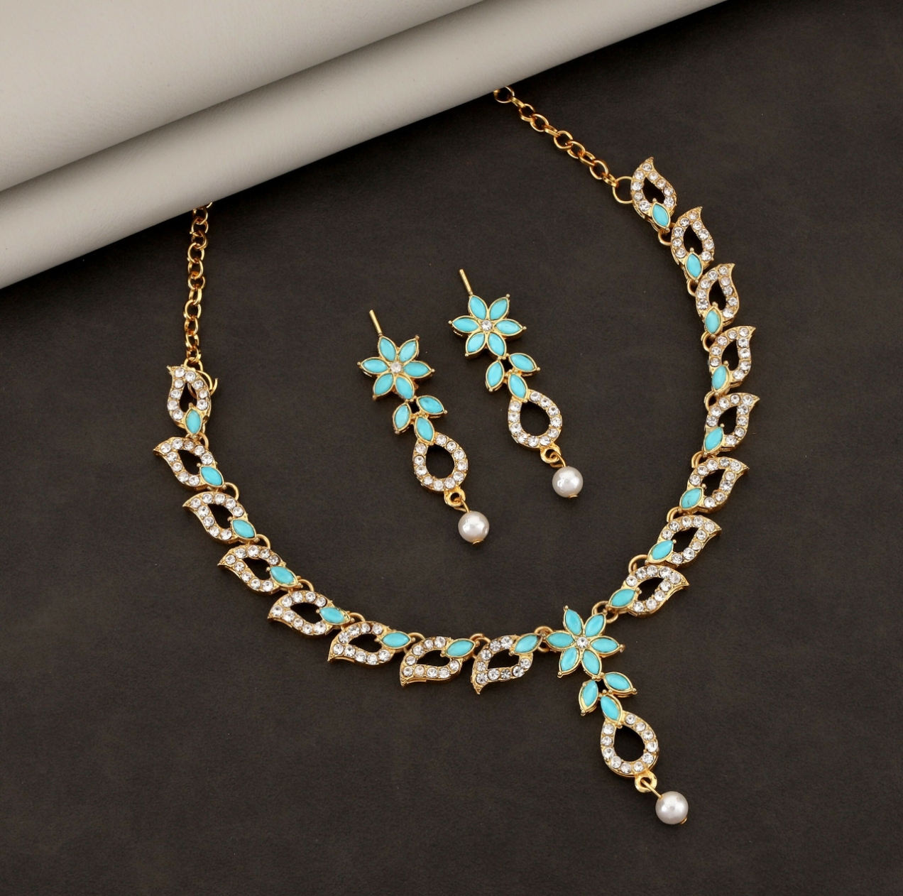 Floral Cubic Zirconia (CZ) Necklace set with pearl drops