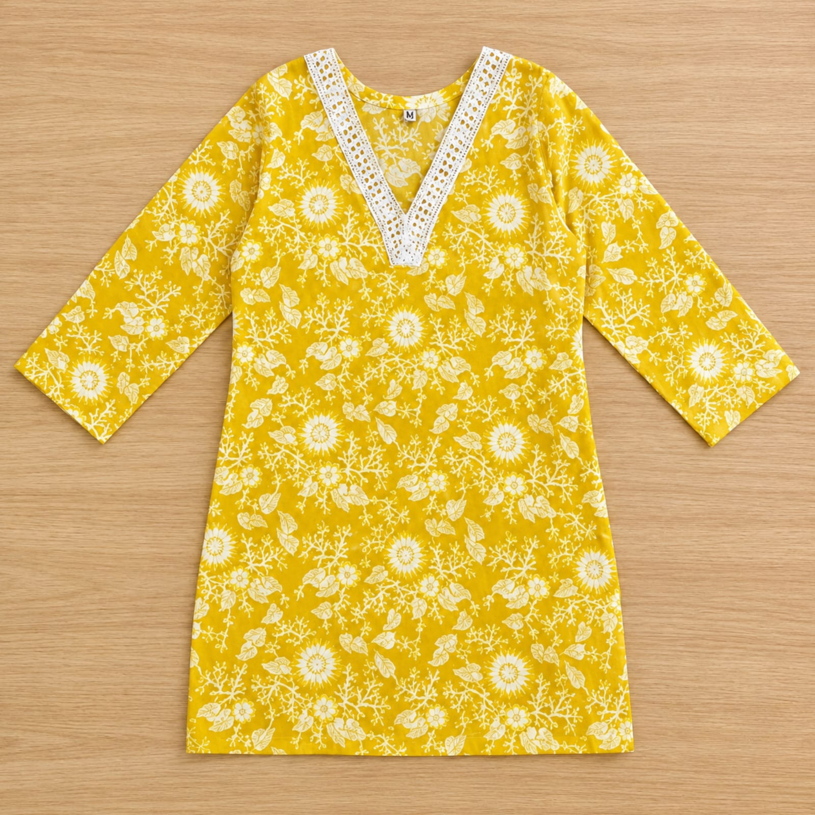 Women's Mustard Yellow Floral Printed Cotton Blend Kurti with Lace V-Neck