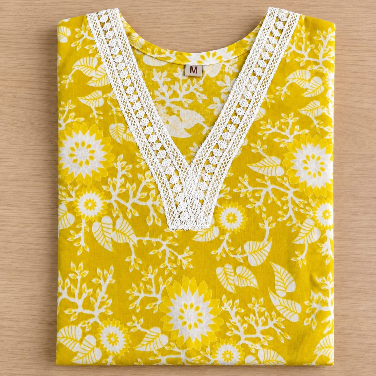 Women's Mustard Yellow Floral Printed Cotton Blend Kurti with Lace V-Neck view 2