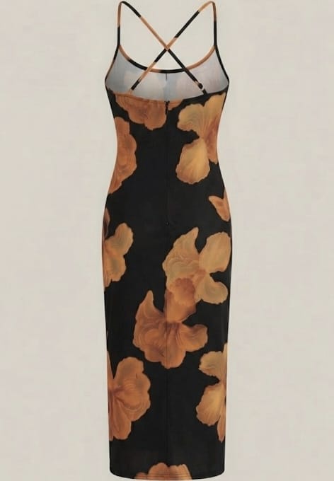 Black and Orange Abstract Floral Midi Slip Dress view 2