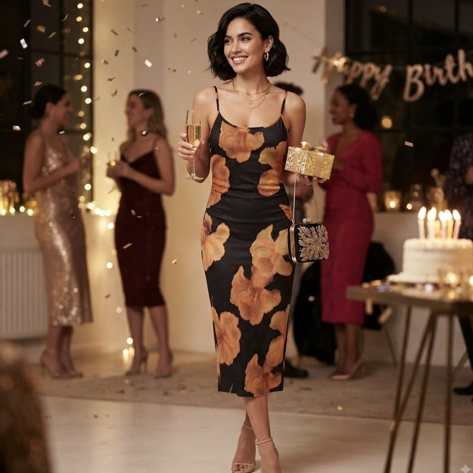 Black and Orange Abstract Floral Midi Slip Dress