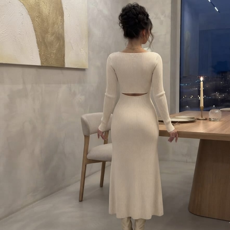 Cream Ribbed Knit Scoop-Neck Midi Dress view 3