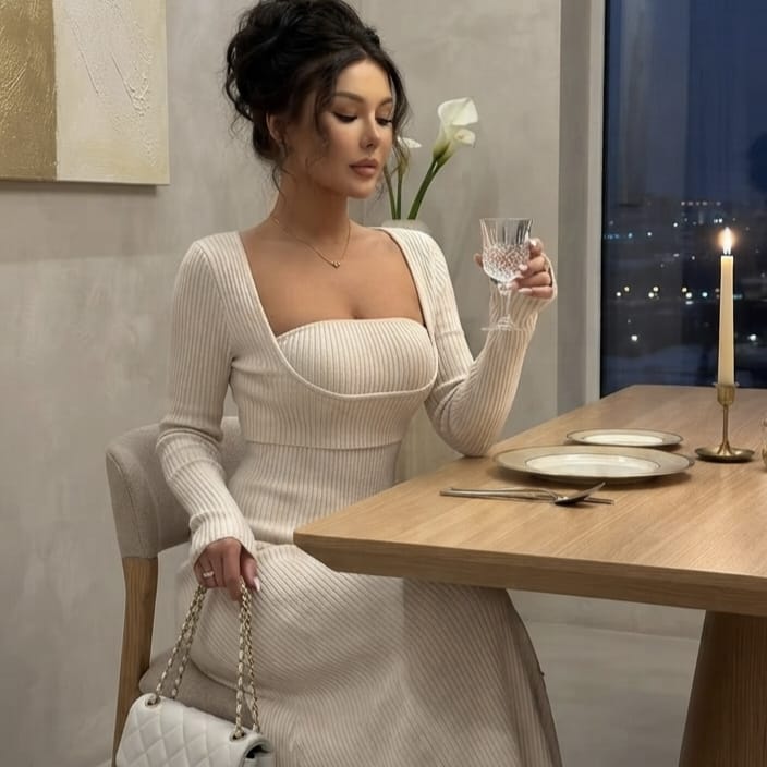 Cream Ribbed Knit Scoop-Neck Midi Dress