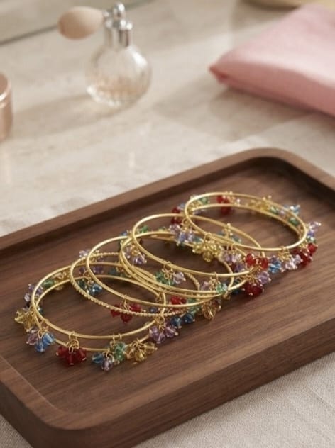 Multicolored Crystal Charm Gold-Tone Bangle Set view 3