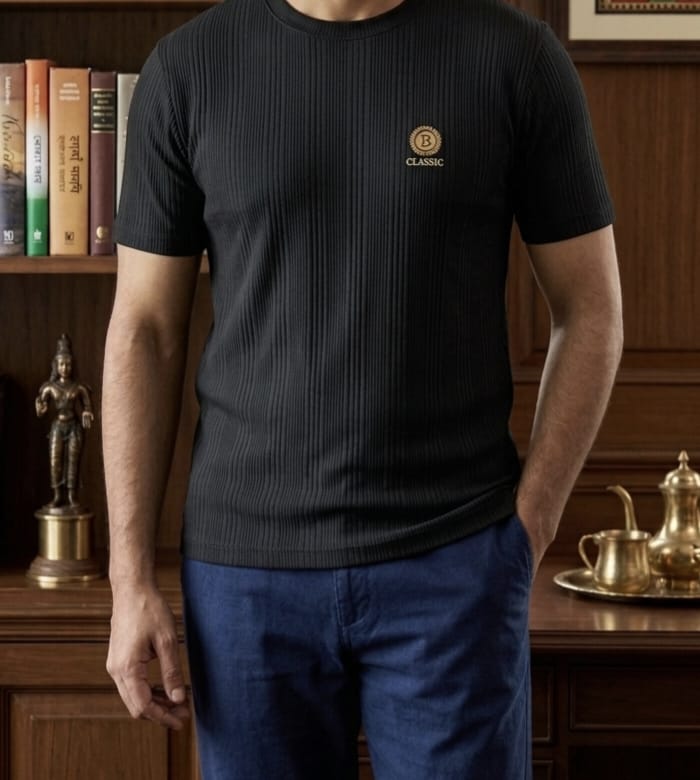 Black Ribbed Crewneck Tee with Gold Emblem view 3