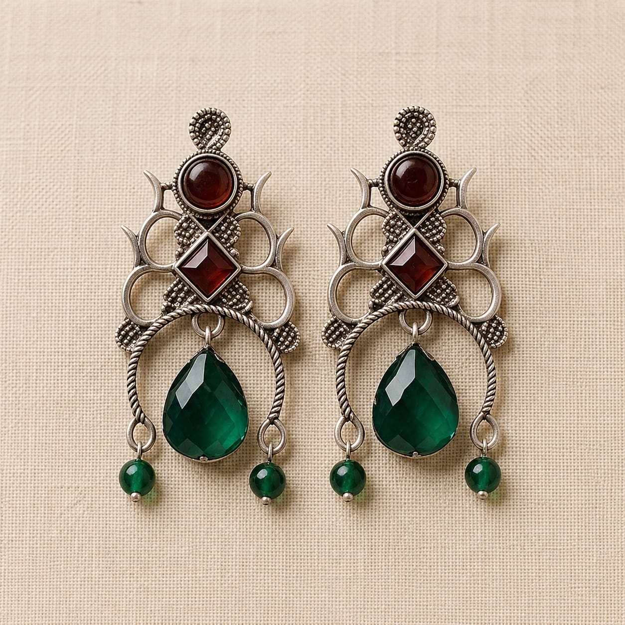 Emerald Green & Ruby Oxidised Silver Statement Earrings