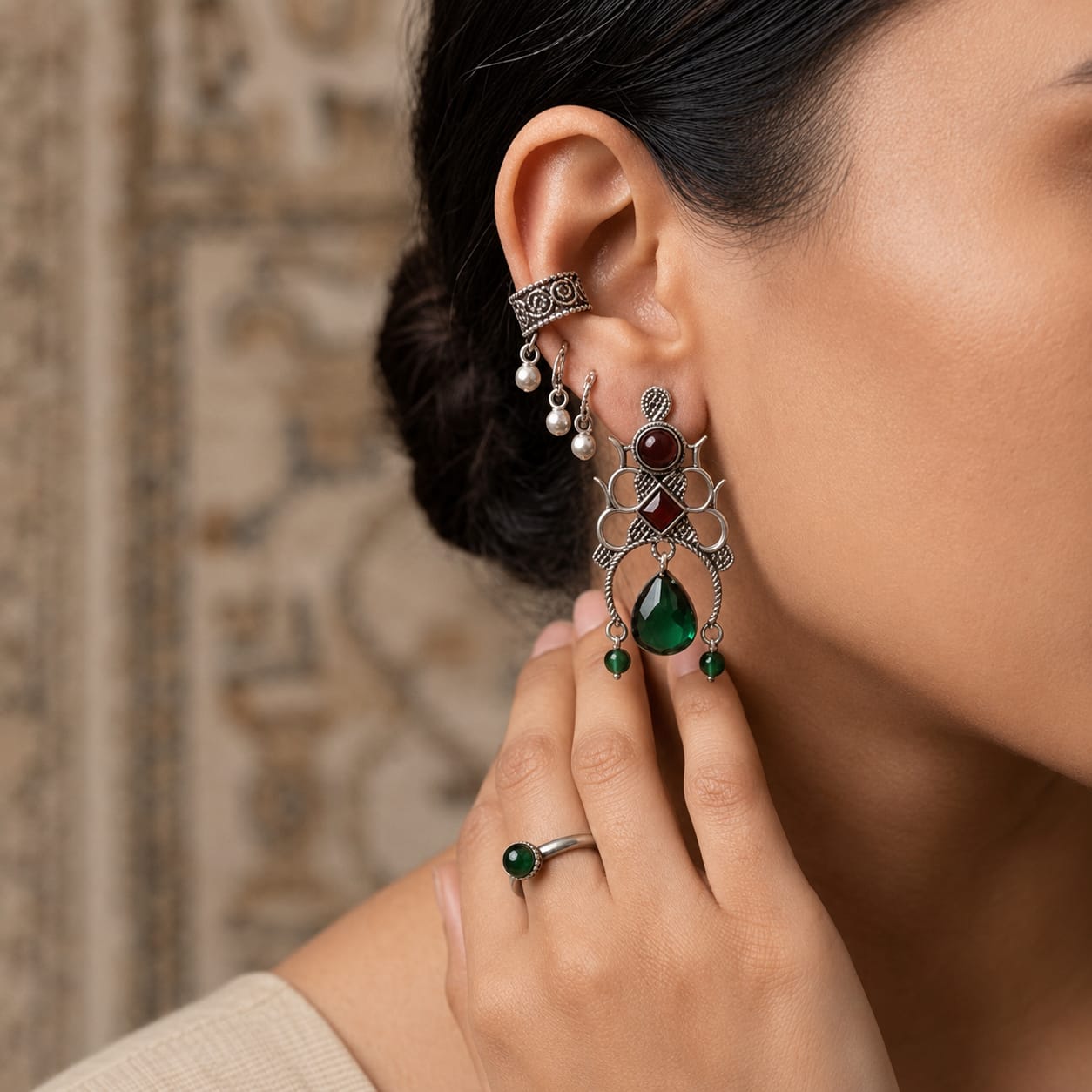 Emerald Green & Ruby Oxidised Silver Statement Earrings view 2
