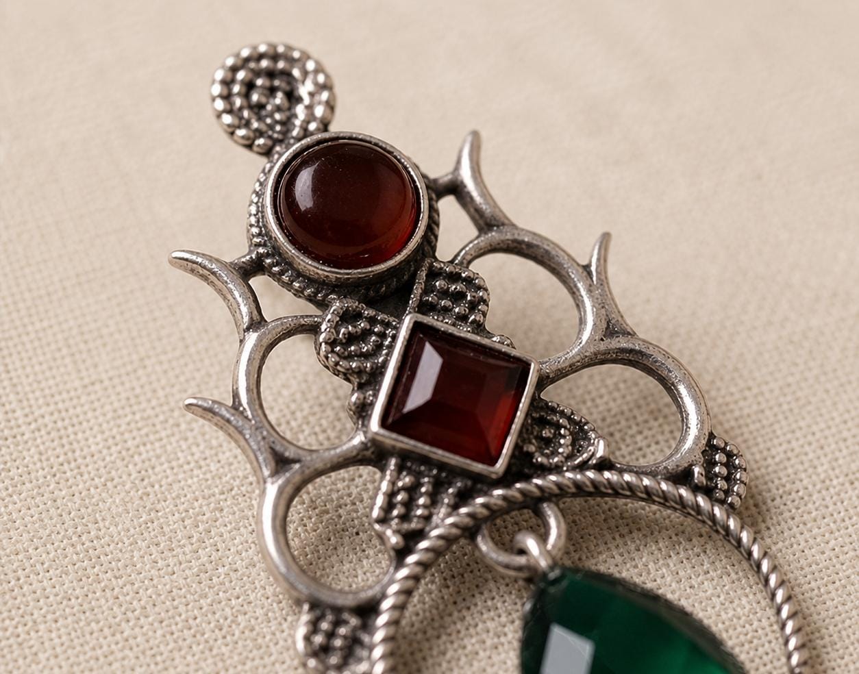 Emerald Green & Ruby Oxidised Silver Statement Earrings view 3