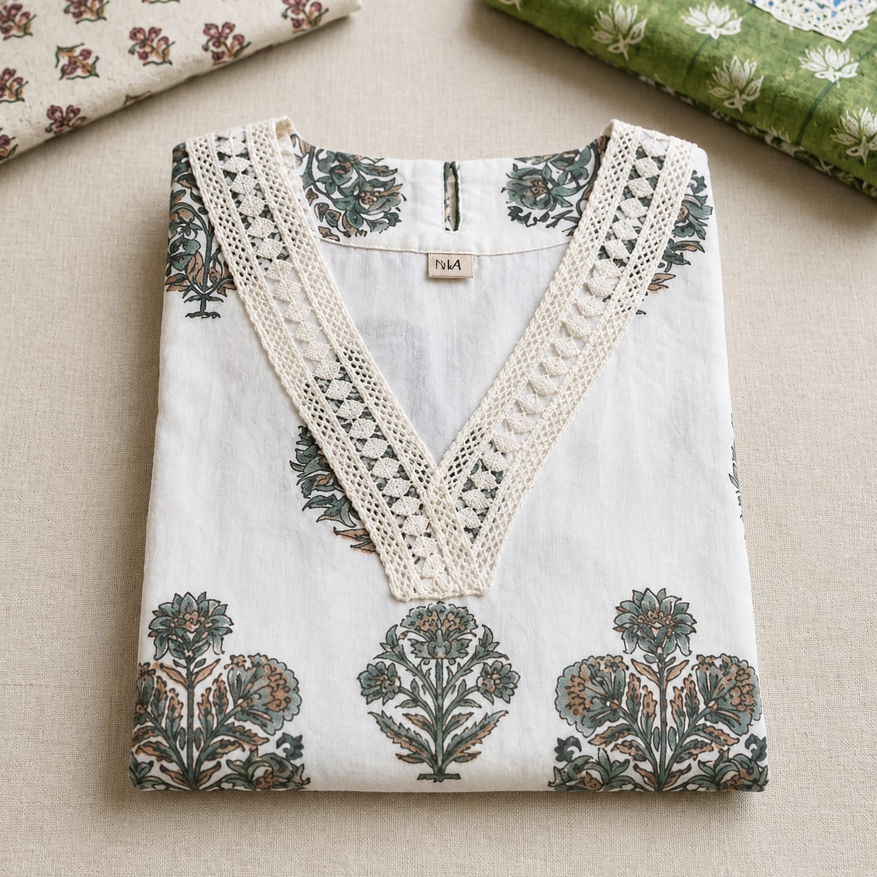Women's Ivory Floral Buta Printed Cotton Straight Kurti with Lace V-Neck view 3