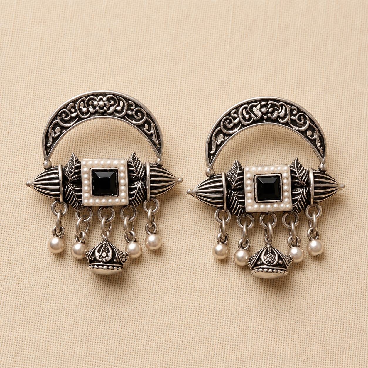 Oxidised Silver Black Stone Chandbali Jhumka Earrings
