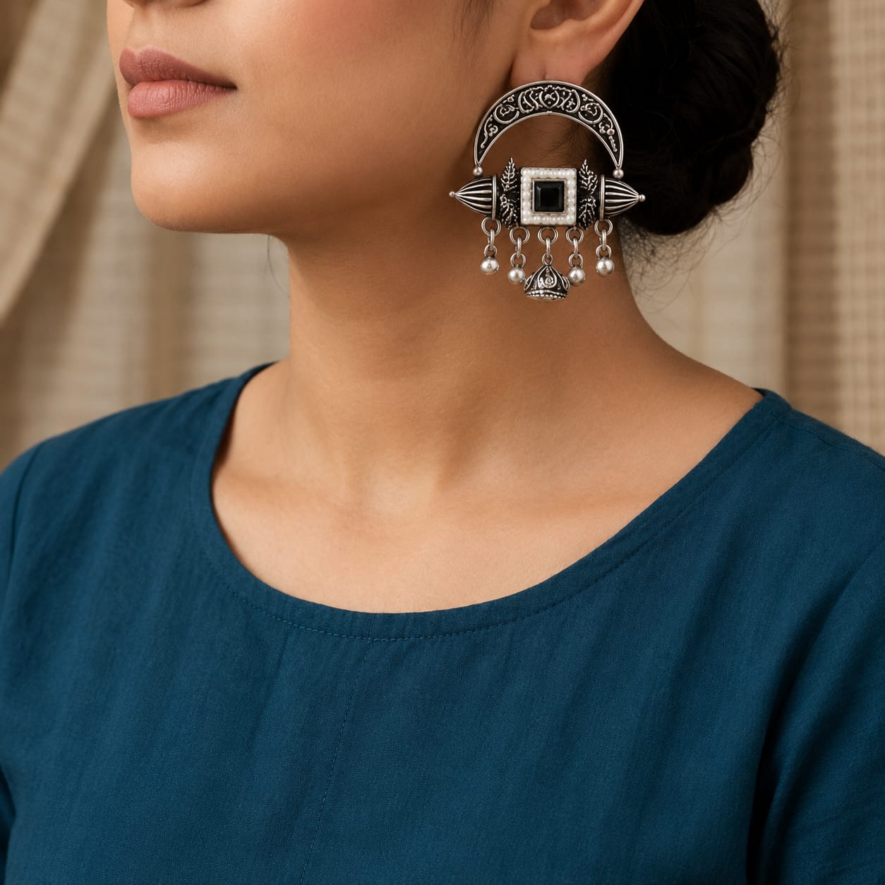 Oxidised Silver Black Stone Chandbali Jhumka Earrings view 2