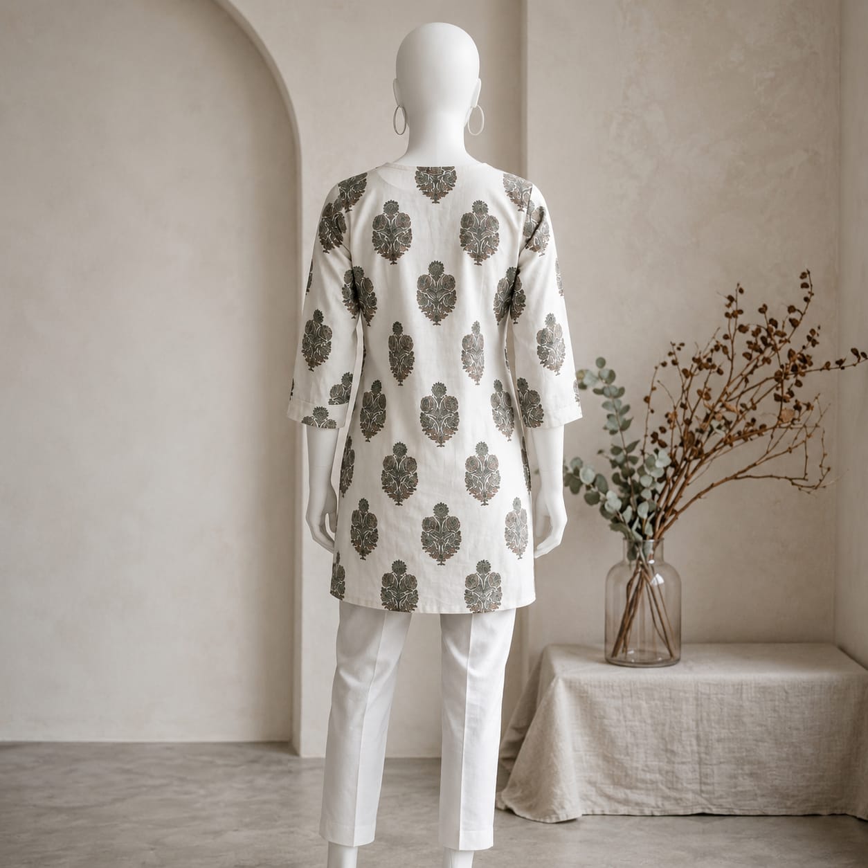 Women's Ivory Floral Buta Printed Cotton Straight Kurti with Lace V-Neck view 2