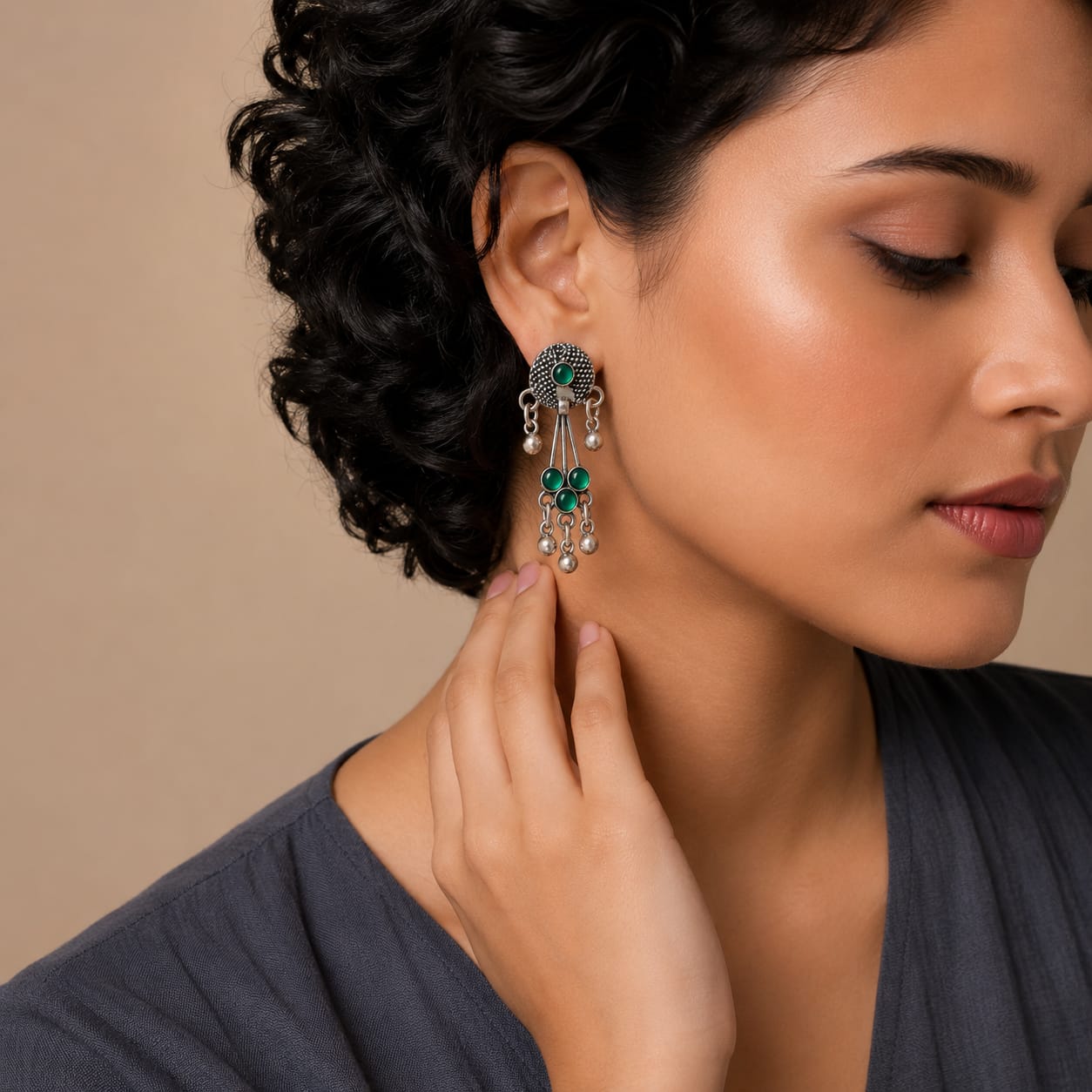 Emerald Bloom Oxidised Silver Dangle Earrings