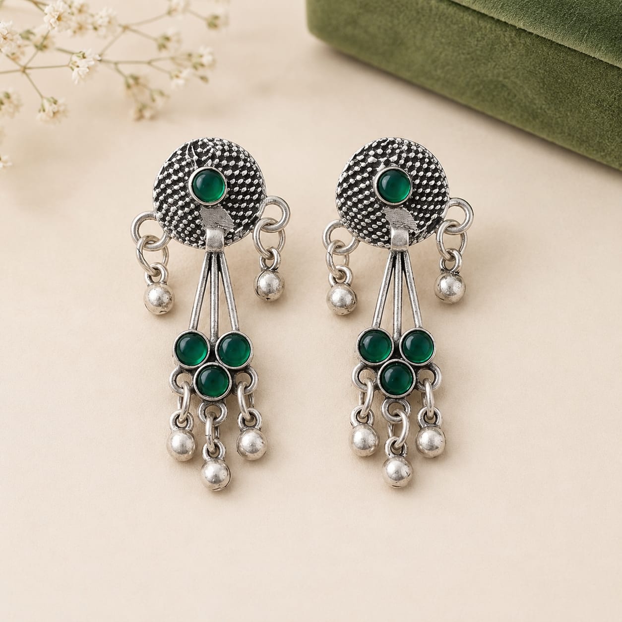 Emerald Bloom Oxidised Silver Dangle Earrings view 2