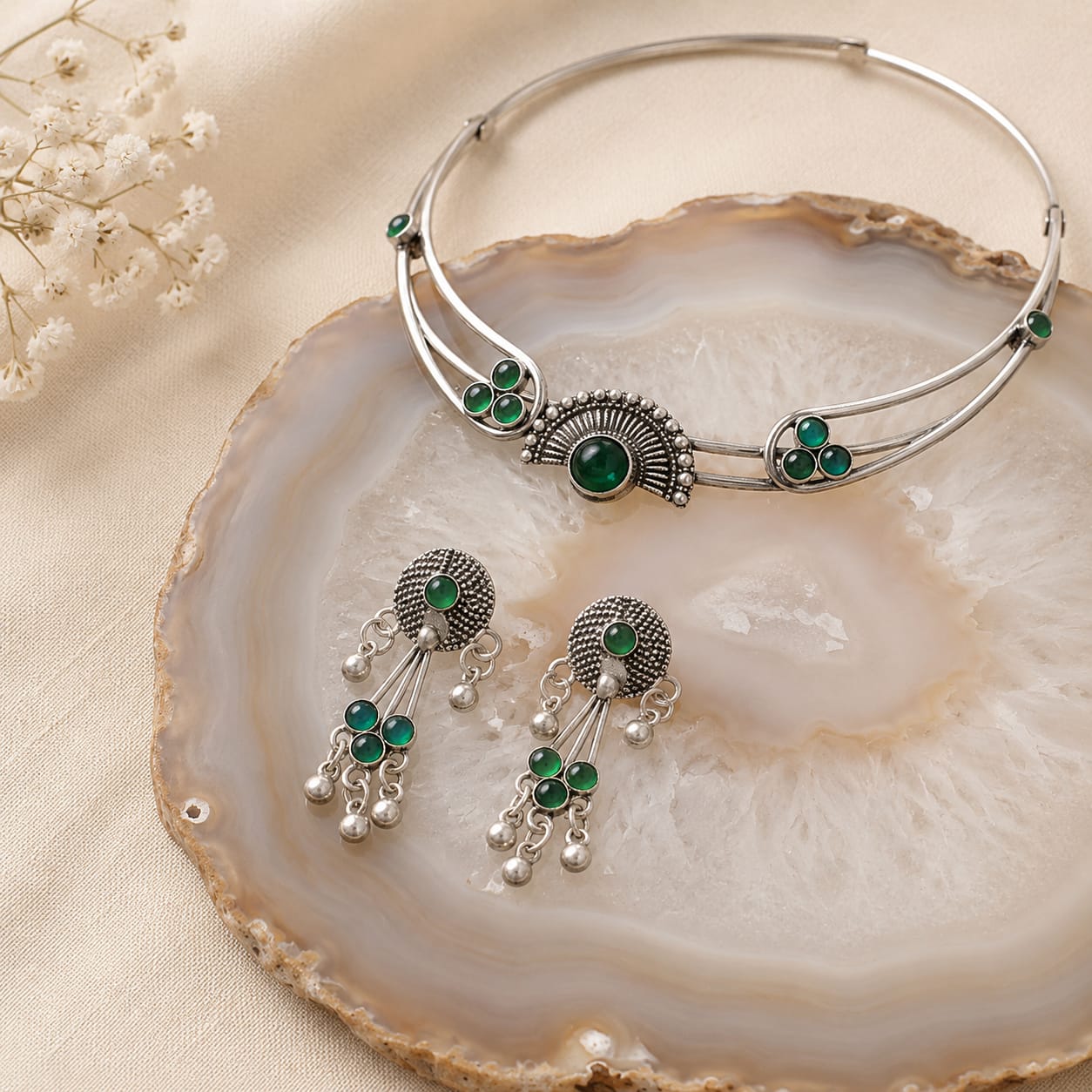 Emerald Bloom Oxidised Silver Dangle Earrings view 3